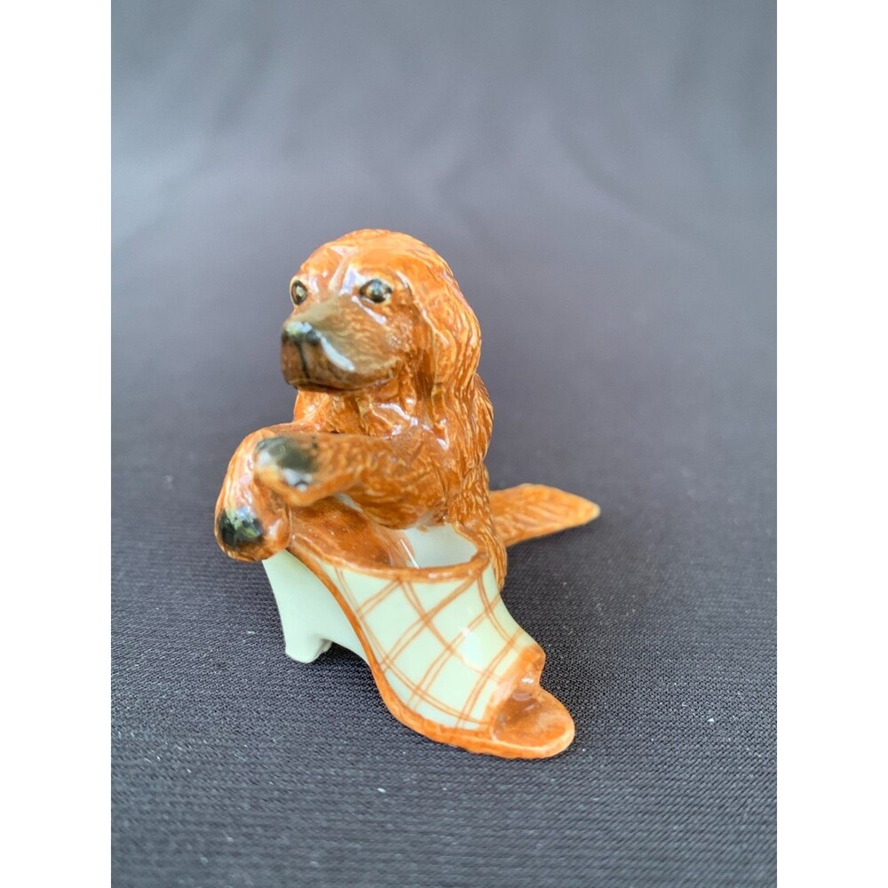 Tiny Vintage Ceramic Miniature Brown Dog Figurine with Shoe